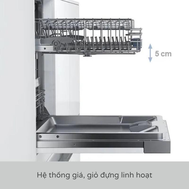 Hệ thống khay Rackmatic và VarioDrawer Pro trên máy rửa bát Bosch SMV4ECX14E – Series 4 cho phép bạn rửa được nhiều bát đĩa hơn trong một lần