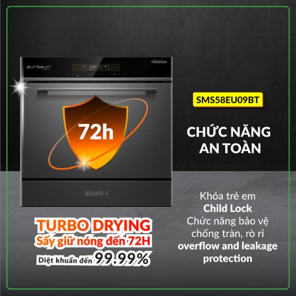 Eurosun SMS58EU09BT nổi bật với các tính năng an toàn tiên tiến, thông minh