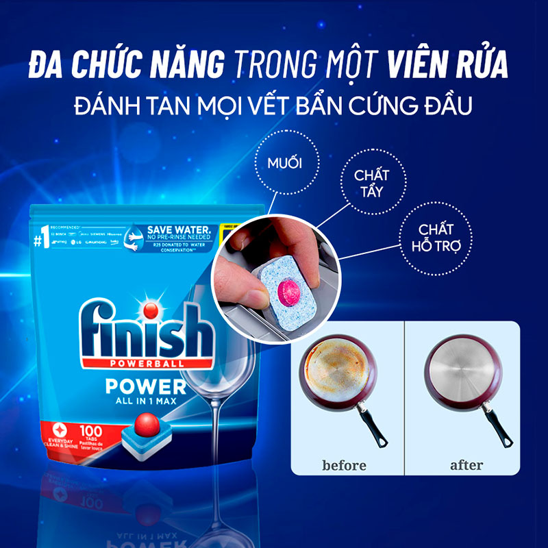 Viên rửa chén Finish All in 1 Max 100V loại bỏ hiệu quả dầu mỡ và vết bẩn