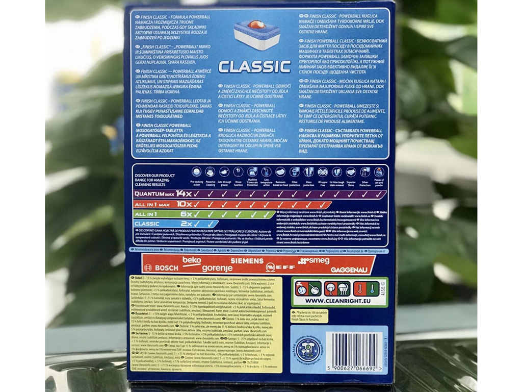 Viên rửa chén Finish Classic 100V có khả năng hòa tan nhanh chóng và hoàn toàn.