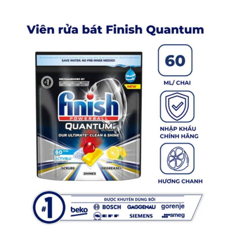Viên rửa bát Finish Quantum Ultimate 60 viên có khả năng loại bỏ vế cứng đầu hiệu quả.