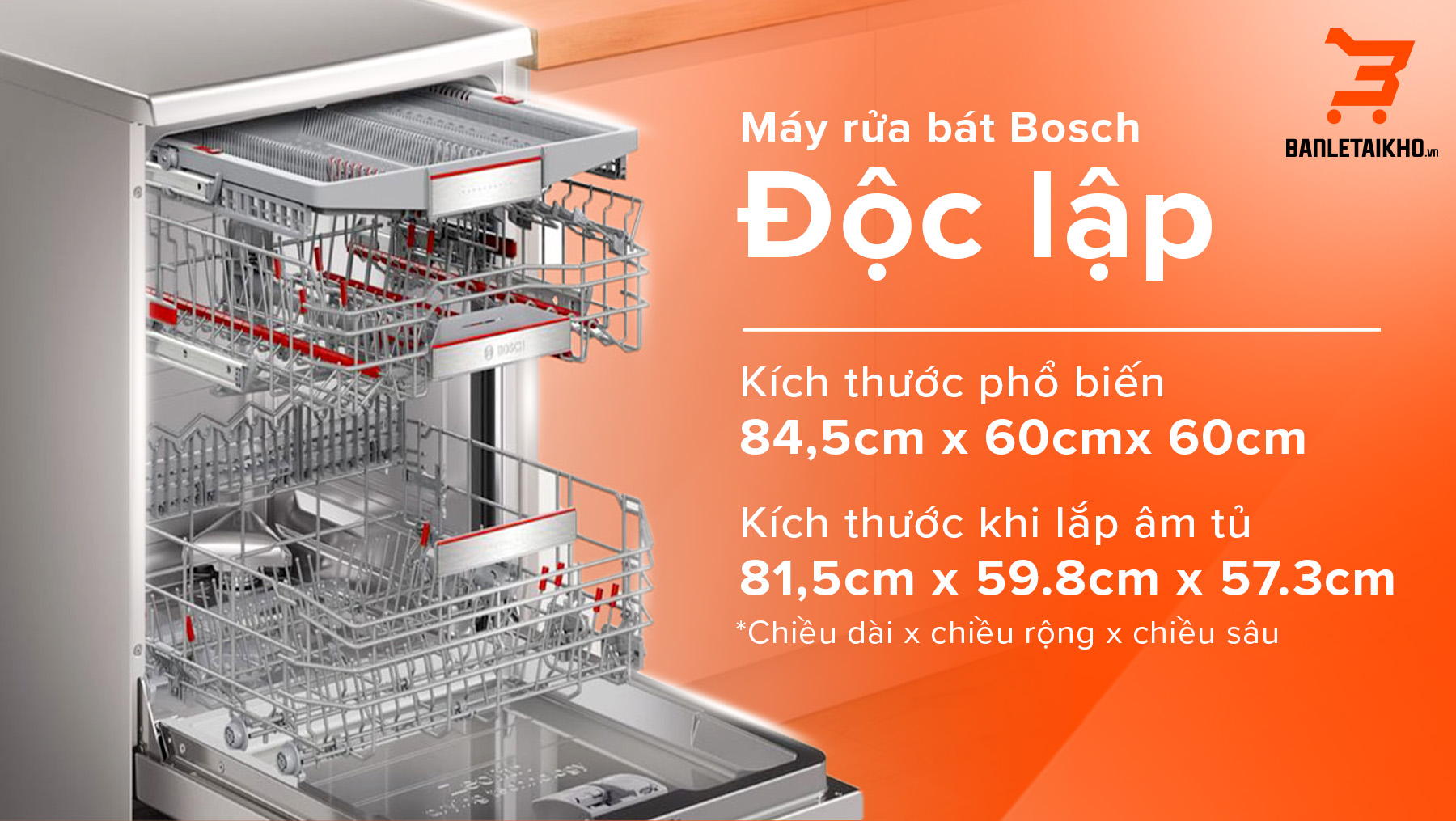 Máy rửa bát Bosch độc lập trang bị 2 – 3 khoang rửa kích thước lớn, có thể lắp đặt ở nhiều vị trí khác nhau