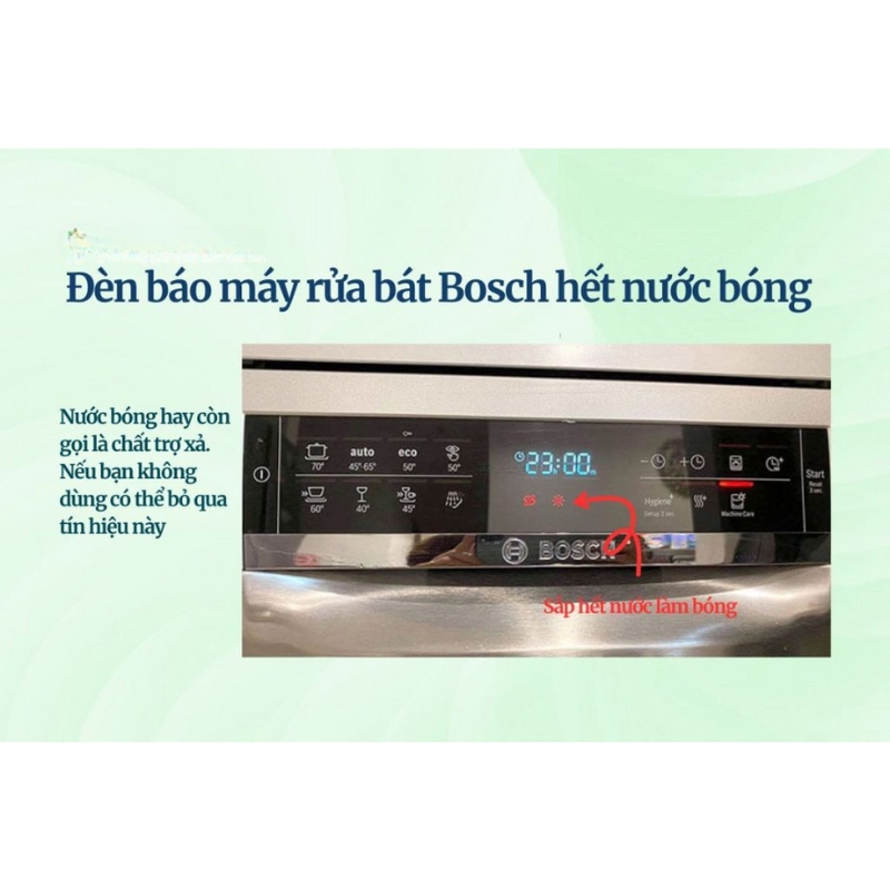 Khi biểu tượng bông tuyết trên bảng điều khiển sáng lên, máy rửa bát Bosch đang báo hiệu lượng chất trợ xả (nước bóng) sắp hết