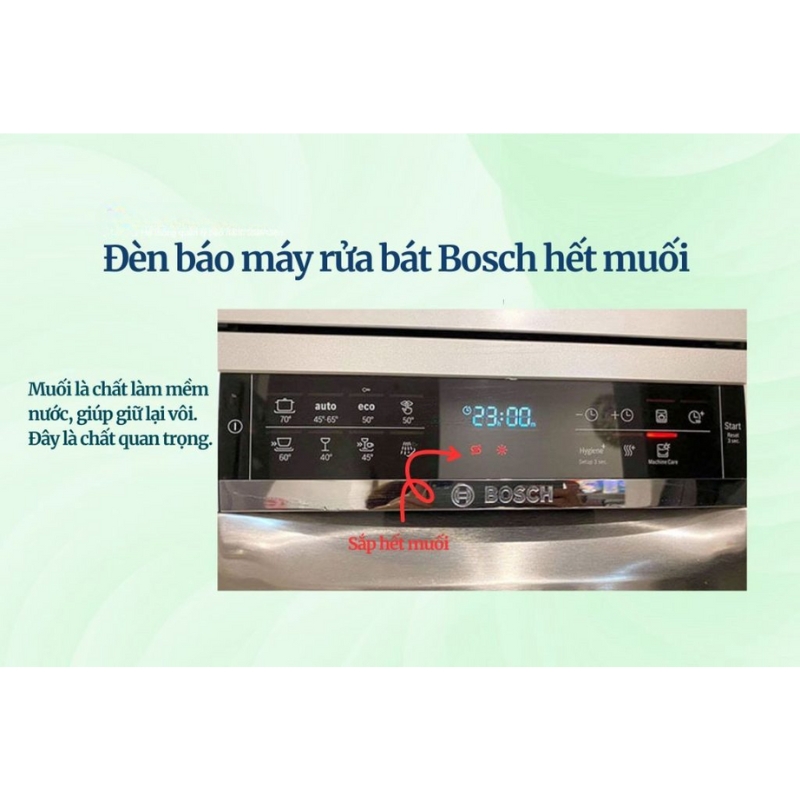 Đèn báo hình mũi tên hai chiều chuyển sang màu đỏ cho biết lượng muối làm mềm nước trong máy rửa bát Bosch đã gần hết