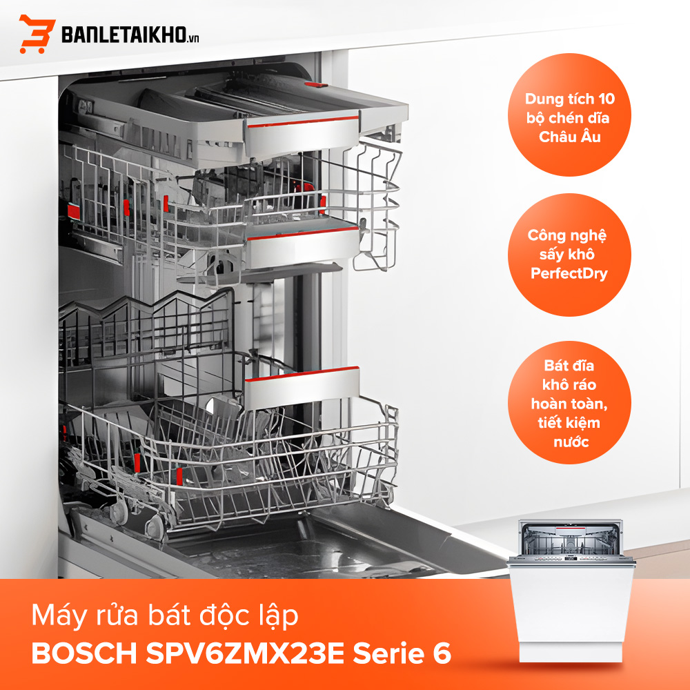 Máy rửa bát âm tủ BOSCH SPV6ZMX23E Serie 6 sở hữu dung tích rửa 10 bộ đồ ăn