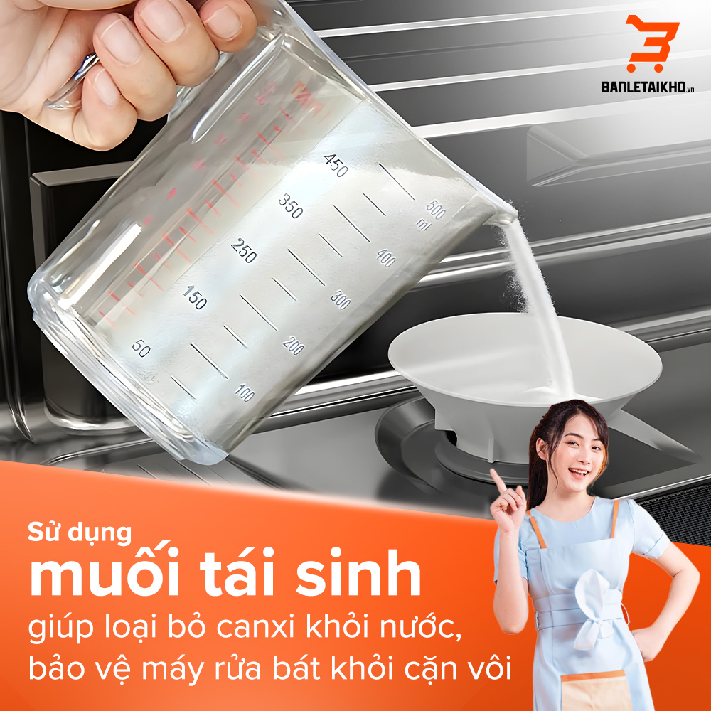 Sử dụng muối tái sinh giúp loại bỏ canxi khỏi nước, bảo vệ máy rửa bát khỏi cặn vôi