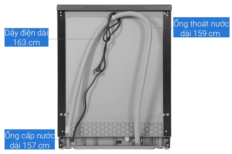 Mặt sau của Canzy CZ BHN14PTC chứa khung với ống thoát nước, ống cấp nước và hệ thống dây điện