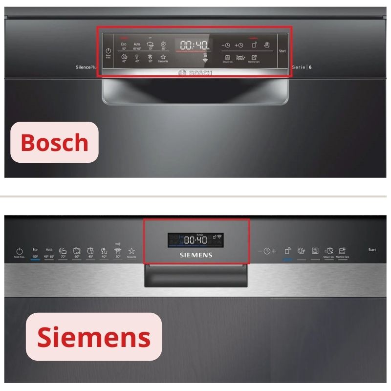 Thiết kế khác biệt trên màn hình hiển thị máy rửa bát Bosch và Siemens