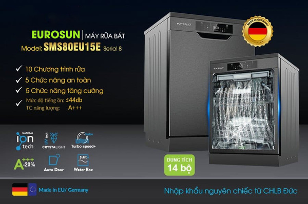 Máy rửa chén Eurosun SMS80EU15E thiết kế sang trọng, tính năng vượt trội và hiệu suất cao