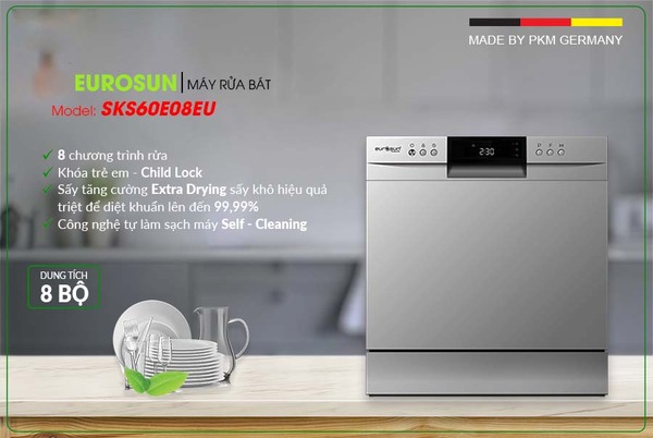 Máy rửa chén mini 8 bộ Eurosun SKS60E08EU sở hữu thiết kế nhỏ gọn, hiệu năng cao