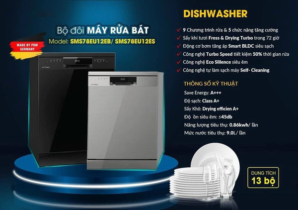 Máy rửa bát SMS78EU12EB model cao cấp của thương hiệu Eurosun