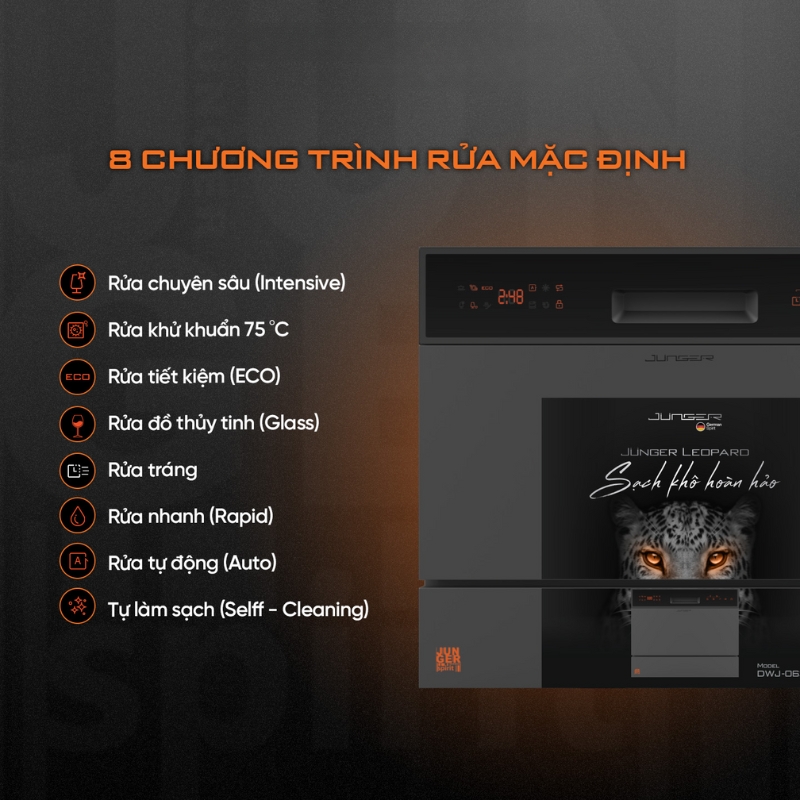 Máy rửa bát Junger Leopard DWJ-060 sở hữu 8 chương trình rửa đa dạng