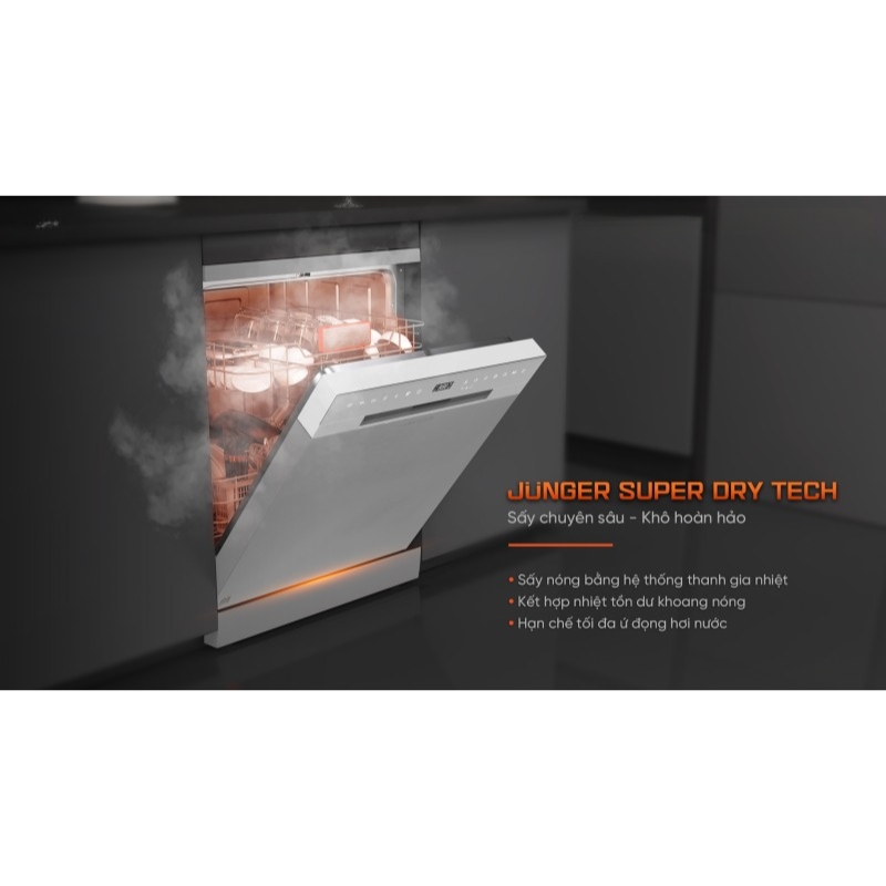 Công nghệ sấy nóng Junger Super Dry Tech đảm bảo sấy khô bát đĩa