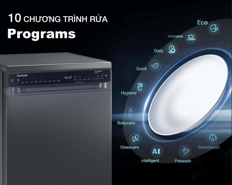 10 chương trình rửa đBa dạng của máy rửa bát Spelier SP 16DWKT/