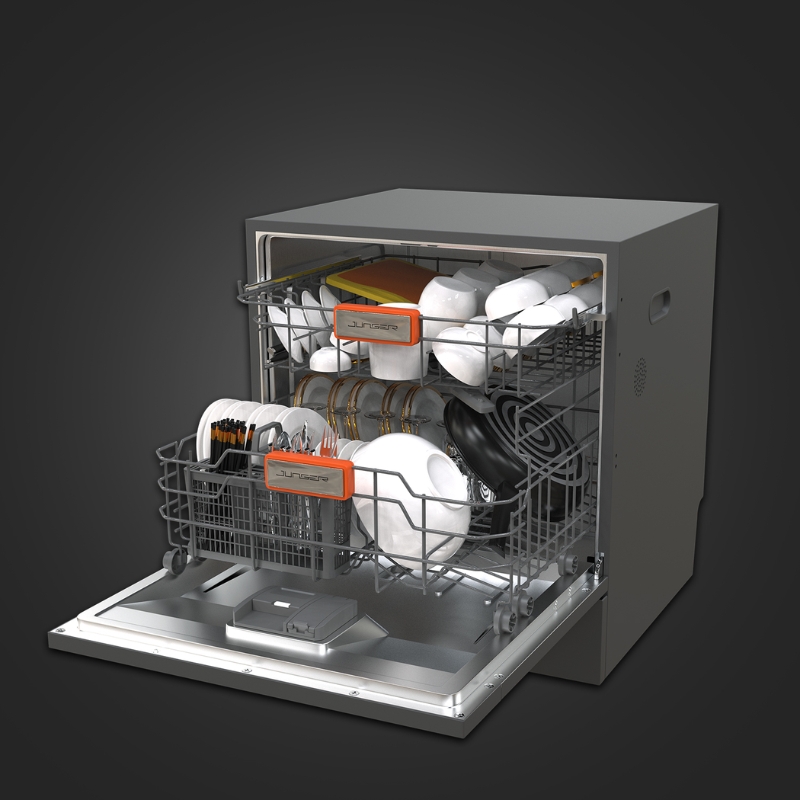 Máy rửa bát Junger DWJ-103 được trang bị 2 khay rửa và hệ thống tay phun 360 độ