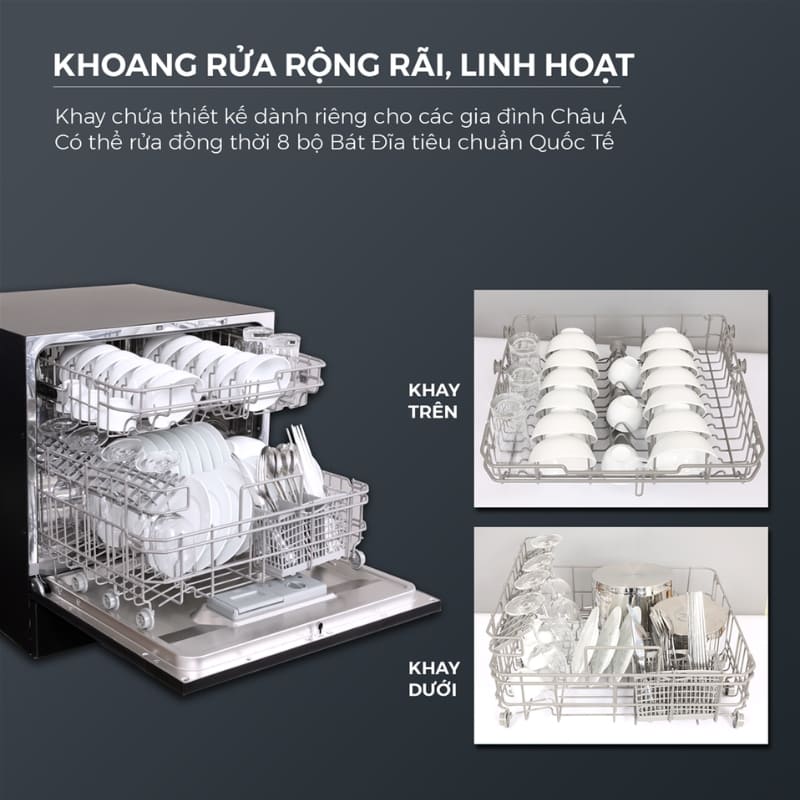Máy rửa bát Độc lập kocher KDEU-8839 có khoảng rửa rộng rãi và linh hoạt.