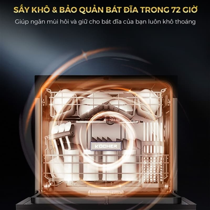Máy rửa bát kocher KDEU-8839 sở hữu tính năng sấy khô và bảo quản bát đĩa trong 72 giờ