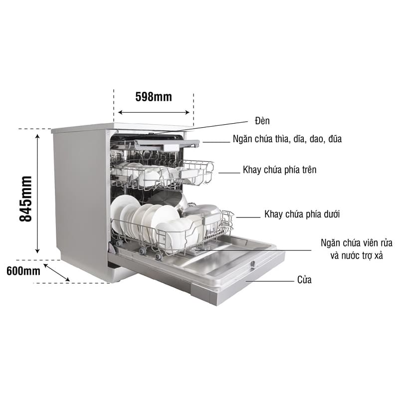 Máy rửa bát Kocher KDEU 8033 có kích thước phổ thông, phù hợp với nhiều không gian