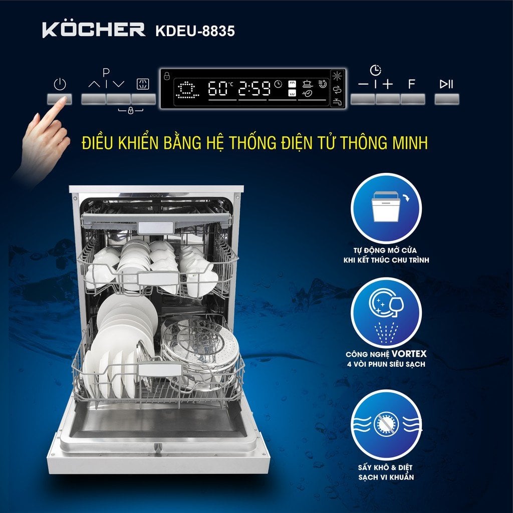 Hệ thống vòi phun Vortex của máy Kocher KDEU-8835BL giúp làm sạch bát đĩa hoàn hảo