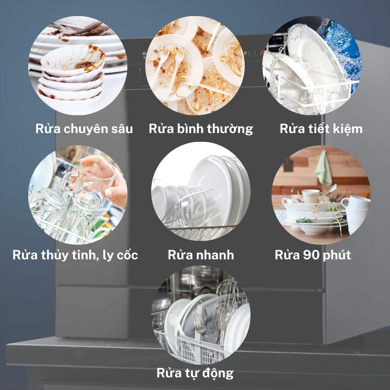 Máy rửa bát Kocher KDEU-8838 có 7 chương trình rửa đa dạng, đáp ứng nhiều nhu cầu sử dụng