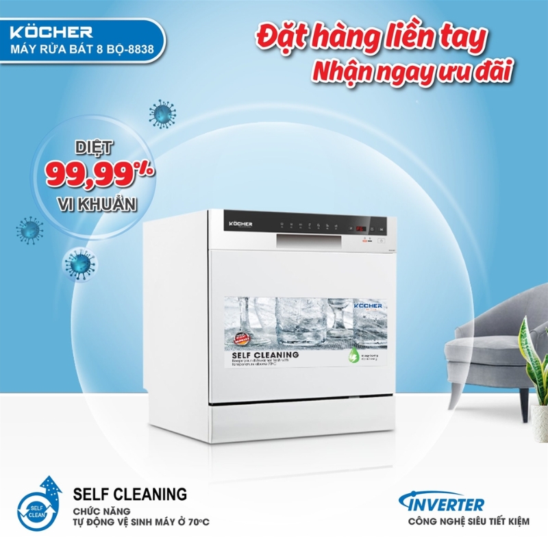 Chức năng Hygiene Plus trên máy rửa bát Kocher KDEU-8838 có khả năng diệt vi khuẩn hiệu quả