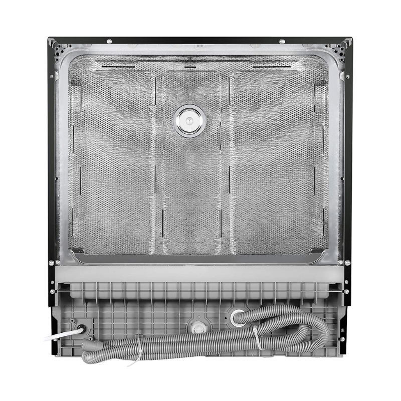 Mặt sau máy rửa bát Kocher KDEU-8838 có khung màu đen và tích hợp hệ thống ống dẫn và dây điện