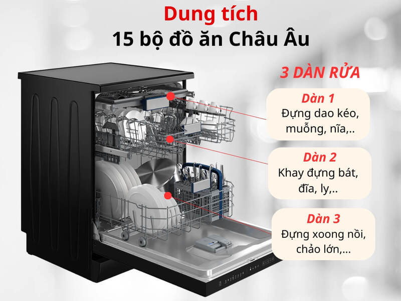 Dung tích 15 bộ, đáp ứng nhu cầu rửa bát đĩa của các gia đình đông người