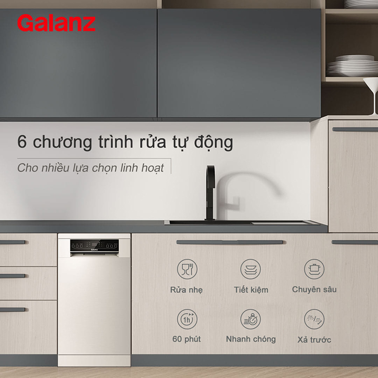 Máy rửa bát Galanz W45A3A401S-0E1(SS) có 6 chương trình rửa đa dạng, tiện lợi