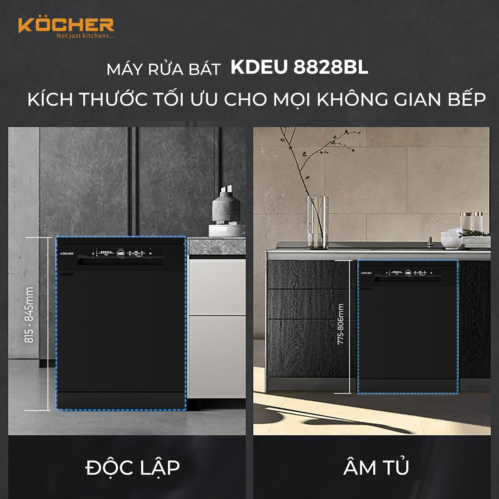 Kích thước máy rửa bát Kocher KDEU-8828BL phù hợp với mọi không gian bếp