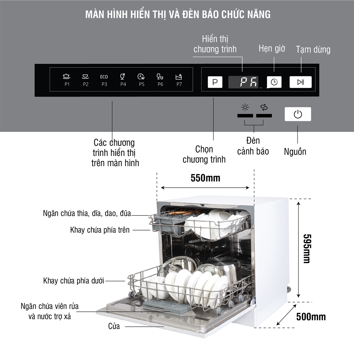 Máy rửa bát Kocher KDEU-8838BL 8 bộ tích hợp 7 chương trình rửa tiện lợi cho mọi nhu cầu