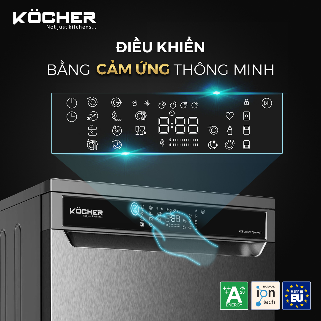 Máy rửa bát Kocher KDEU-8855S7 SERIES 7 thiết kế bảng điều khiển thông minh dễ sử dụng với màn hình hiển thị rõ ràng