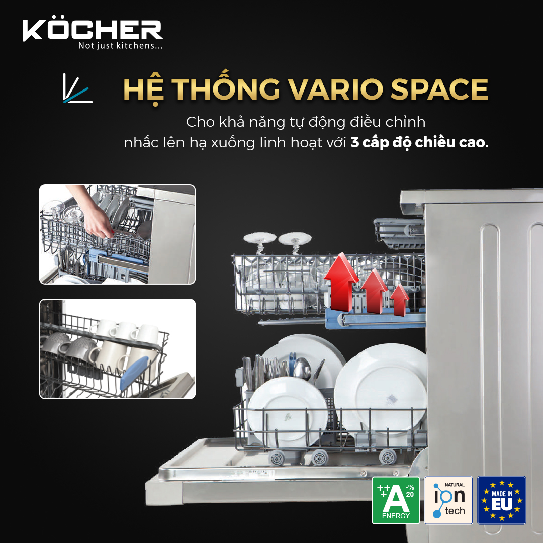 Máy rửa bát Kocher KDEU-8855S7 SERIES 7 có hệ thống Vario Space linh hoạt và dễ dàng điều chỉnh không gian rửa