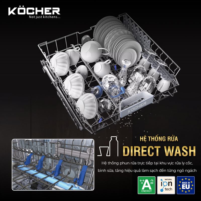 Máy rửa bát Kocher KDEU-8855S7 SERIES 7 có 10 chương trình rửa tự động đáp ứng mọi nhu cầu sử dụng