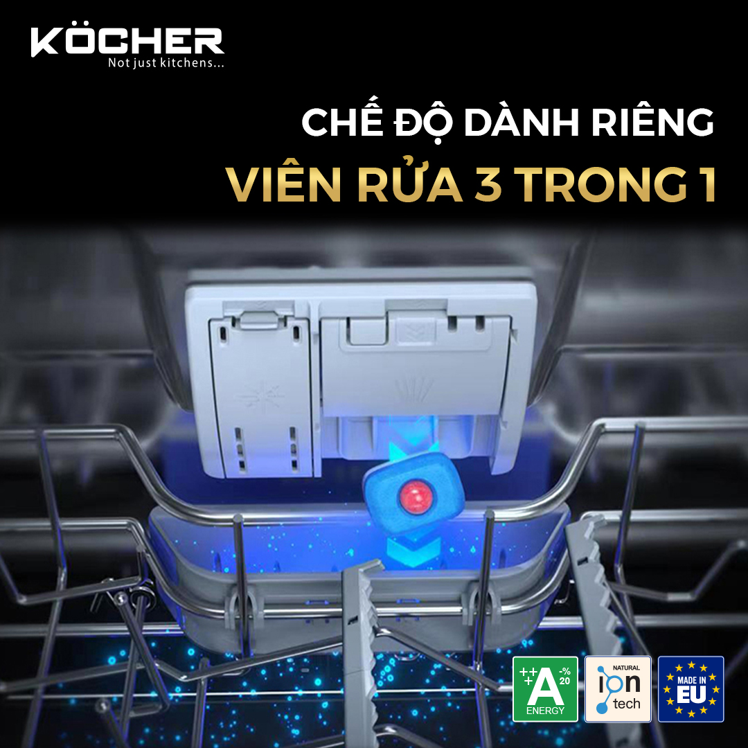 Chế độ dành riêng cho viên rửa 3 trong 1 giúp phát huy tối đa hiệu quả làm sạch của máy rửa chén Kocher KDEU-8855S7 SERIES 7