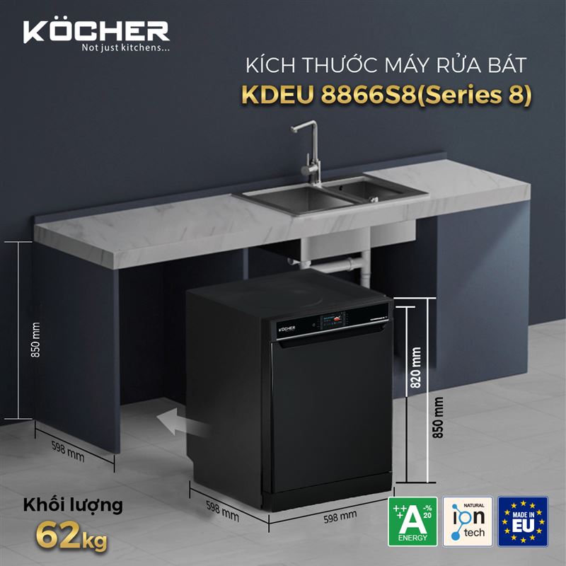 Máy rửa chén Kocher KDEU-8866S8 Series 8 có thiết kế hiện đại, sang trọng với lớp vỏ thép không gỉ