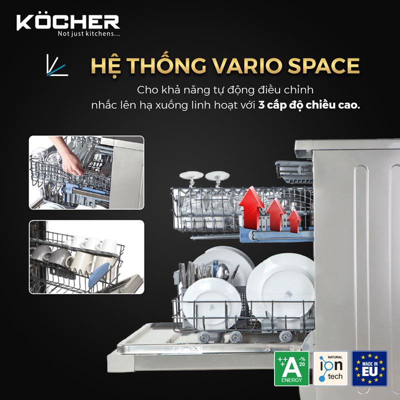 Máy rửa chén Kocher KDEU-8866S8 Series 8 tích hợp hệ thống Vario Space linh hoạt và có thể điều chỉnh theo nhu cầu