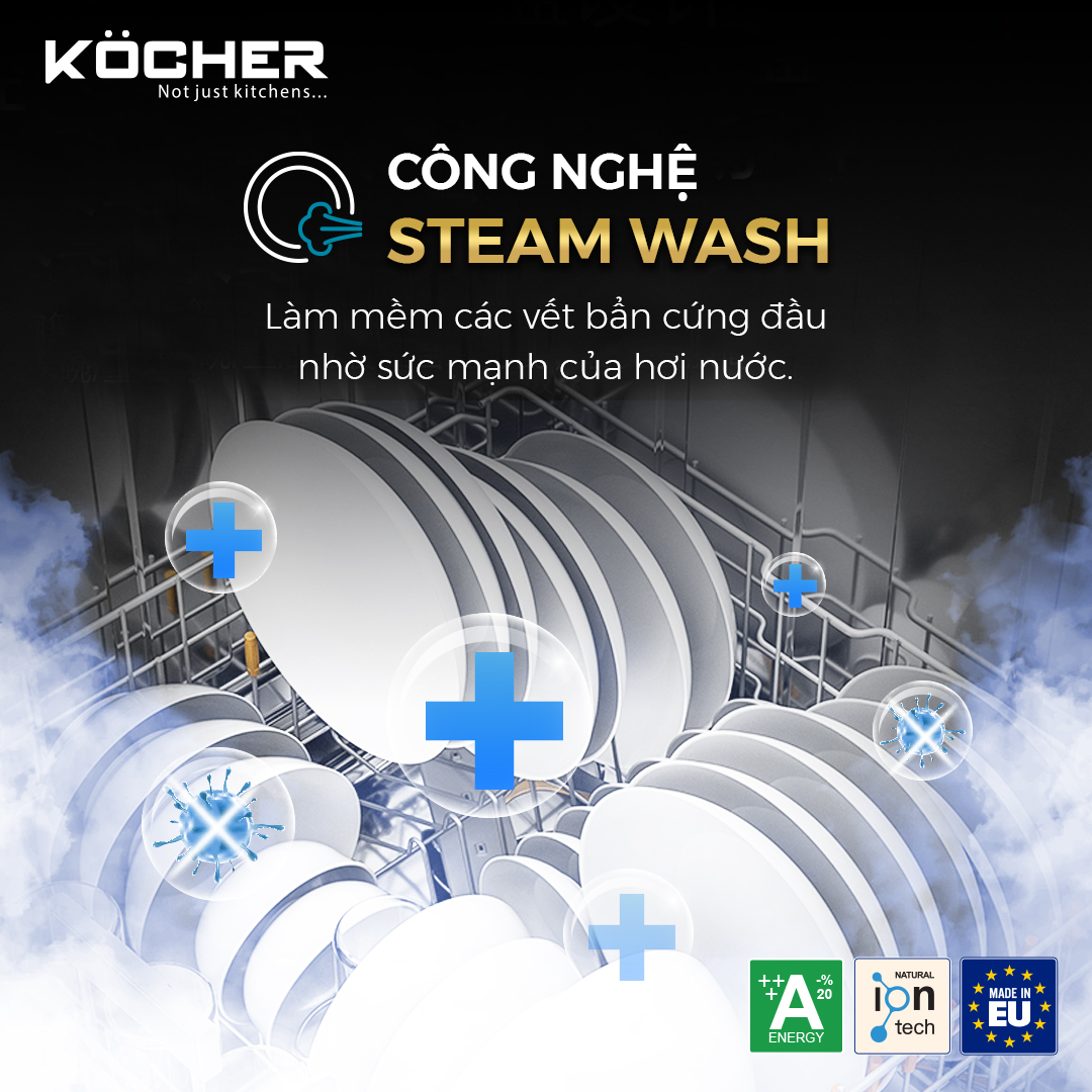 Máy rửa chén Kocher KDEU-8866S8 Series 8 sử dụng công nghệ Steam Wash giúp làm sạch bằng hơi nước nóng và diệt khuẩn hiệu quả